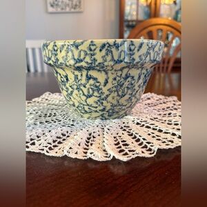 Vintage Robinson Ransbottom Blue Spongeware Stoneware 7” Mixing Bowl Roseville